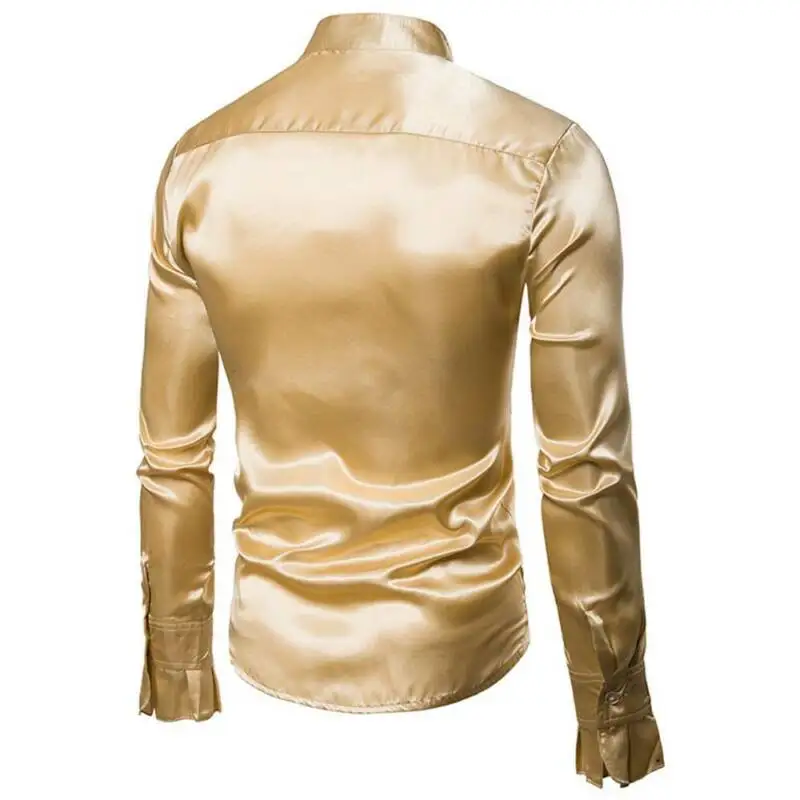 

Stylish Luxury Silk Shirt Men 2019 New Men Satin Smooth Solid Tuxedo Shirt Slim Fit Shiny Gold Shirts
