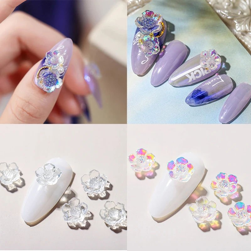 

50pcs Aurora AB Coloful Nail Art Decorations Semi Transparent Resin Flowers 3D Daisy Flowers Nails Accessories DIY Manicure H&*&