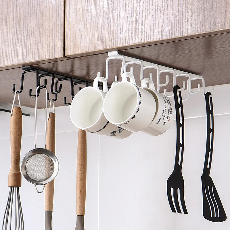 

Kitchen Double Row Hook Hanging Cup Rack Household Non Punching Hanging Cabinet Hook Pot Shovel Rack Cup Storage Iron Shelf