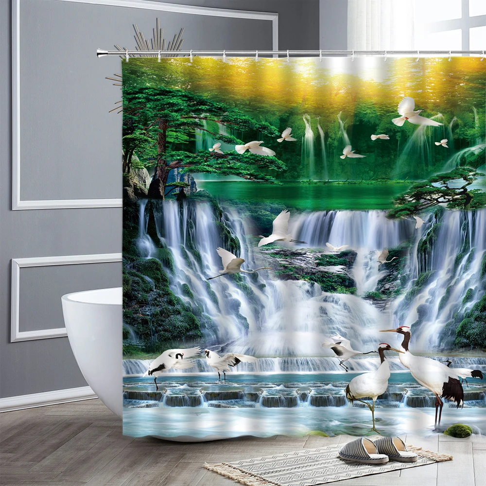 

Занавеска для душа с природным пейзажем, тканевая Штора для ванной комнаты, с изображением водопада, цветов, птиц, зеленых растений, Декор дл...