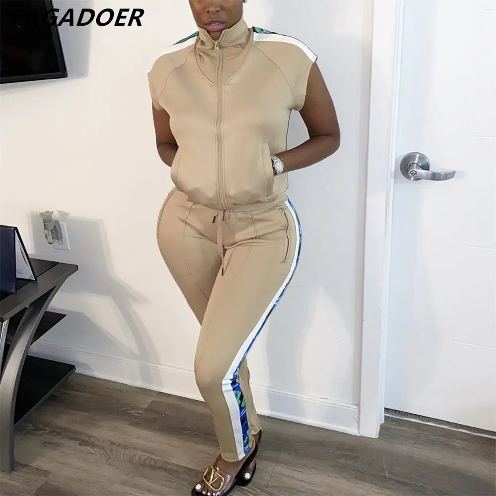 

FAGADOER Autumn 2021 New Casual Two Piece Set Women Sport Outfit Zip Coat And Leggings Pants Tracksuits Side Patchwork Sweatsuit