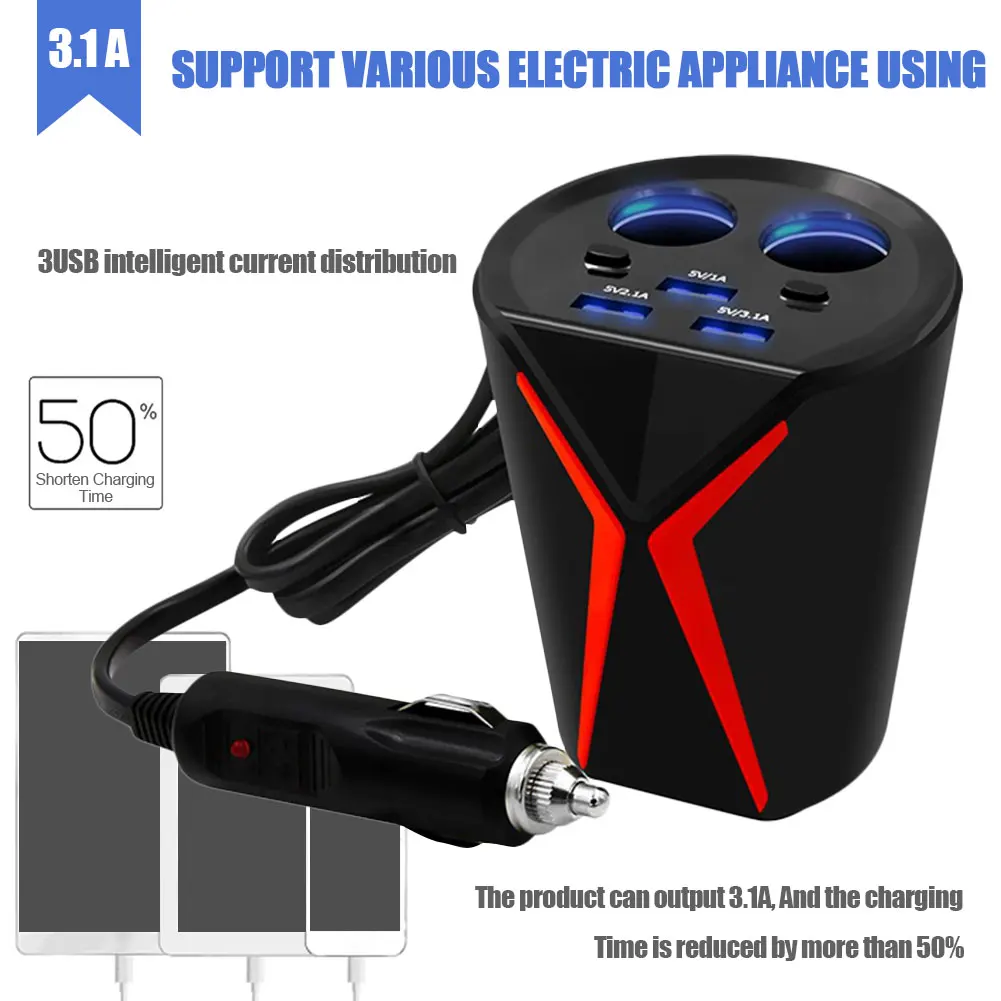

Cup-type Car Charger Multi-function Power Adapter And Cigarette Lighter 3 USB Interfaces Fast Charger For Mobile Phone Computer
