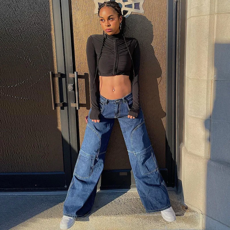 

Aesthetic Striped Stylish Spliced Women Jeans Pants 2021 Fashion Low Waist Loose Casual Denim Pant Party Club Chic Trousers