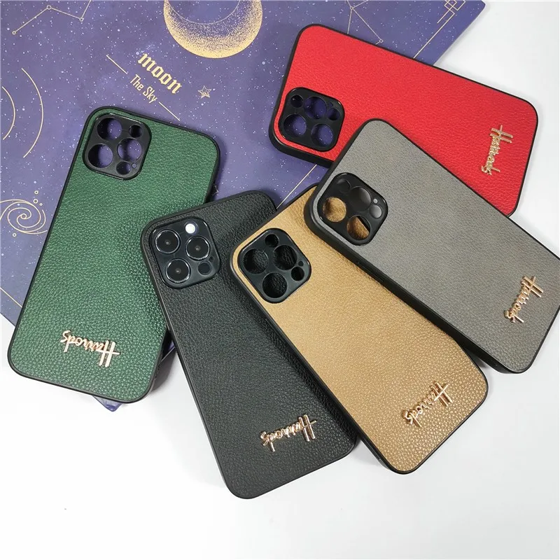 

Fashion Metal English Letter Hard Case For Iphone 11 12 Pro Max Mini 7 8 Plus Xr X Xs Se 2020 Lychee Pattern Phone Cover Fundas