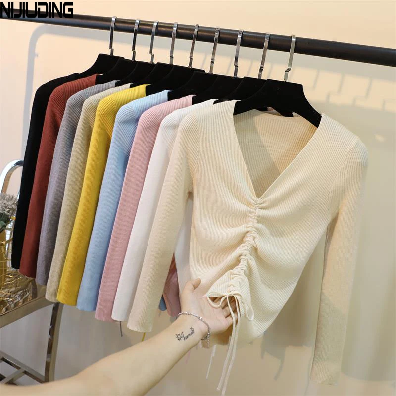 Повседневный вязаный свитер на шнуровке Женский облегающий тонкий джемпер