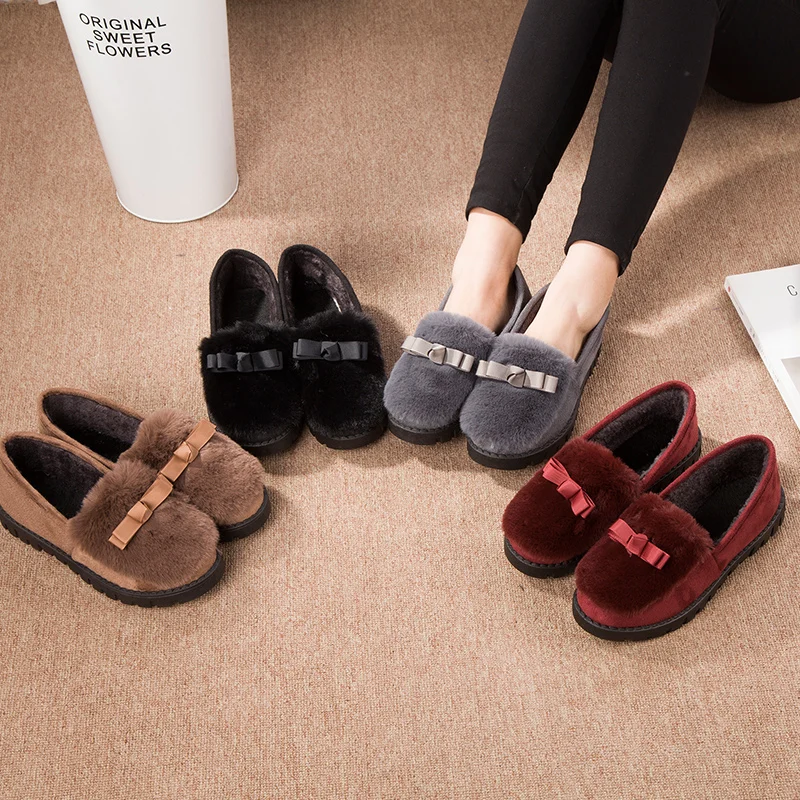 

YeddaMavis Boots Warm Winter Shoes Cute Bow Women Ballet Flats Soft Fur Padded Cotton Shoes Woman Ankle Snow Boots Slip on Shoes