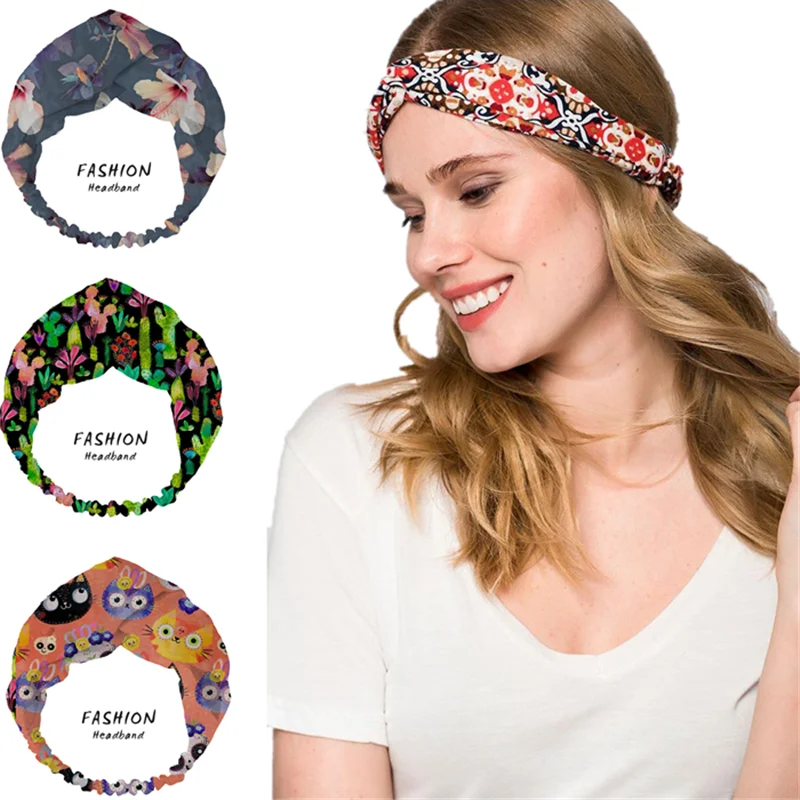 

2021 Women Summer Bohemian Hair Peach blossom Print Headbands Retro Turban Bandage Bandanas HairBands Hair Accessories Headwrap