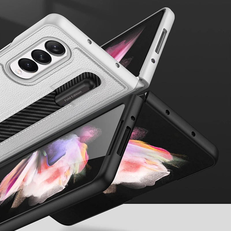 Кожаный чехол со стилусом для Samsung Galaxy Z Fold 3 телефона из углеродного волокна