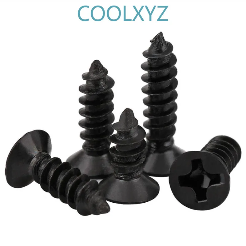 Черный крестообразный утопленный саморезающий винт с потайной плоской головкой