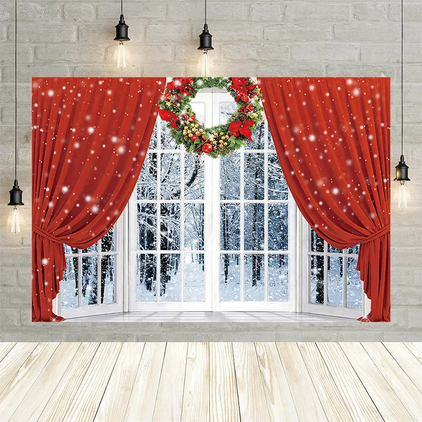 

Avezano Winter Christmas Photography Background Red Curtain White Door Snow Forest Landscape Portrait Backdrop Photo Studio Prop