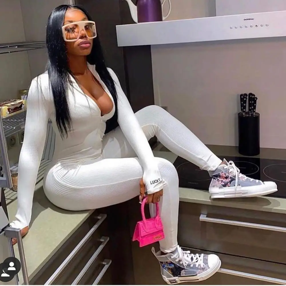 Wjustforu Ribbed Jumpsuit For Women 5 Color Skinny Sexy Zip Neck Rompers Womens Casual Pencil Overalls Vestidos | Женская одежда