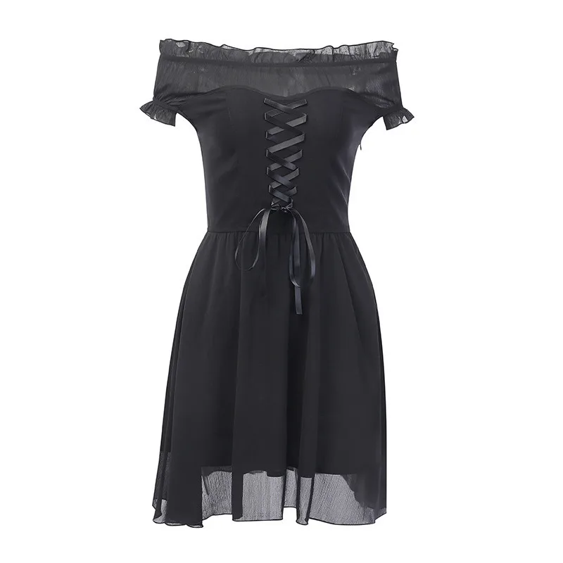 

Vintage Elegant Party Off Shoulder Dress Women Black Mesh Chiffon Bandage Slim Dress Gothic Streetwear Fashion Sexy Dress