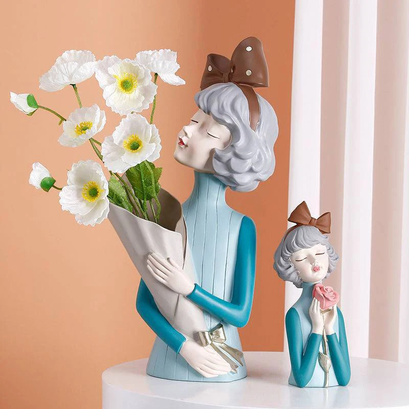 

Art Resin Bouquet Girl Ornaments Statue Gifts Living Room Cabinet Flower Vase Arrangement Modern Figurine Sculpture Home Decor