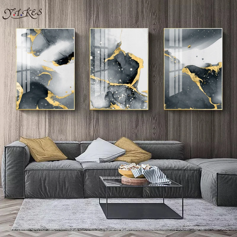 Абстрактная золотисто-желтая легкая роскошная картина на холсте для домашнего декора, плакат и печать живого помещения.