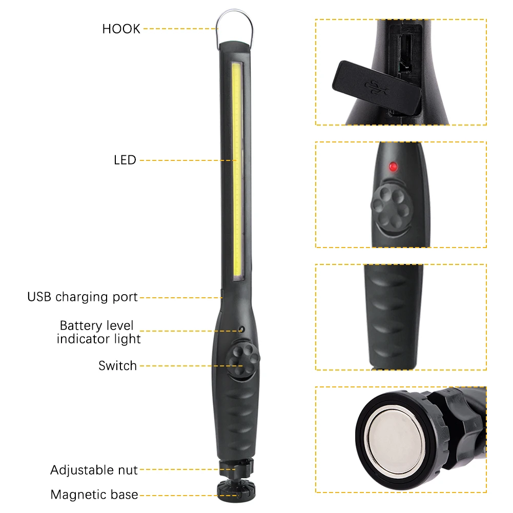 저렴한 LED 작업등, USB 충전식 COB 손전등, 휴대용 마그네틱 무선 검사 조명, 자동차 수리 가정용 작업장용, 5 개