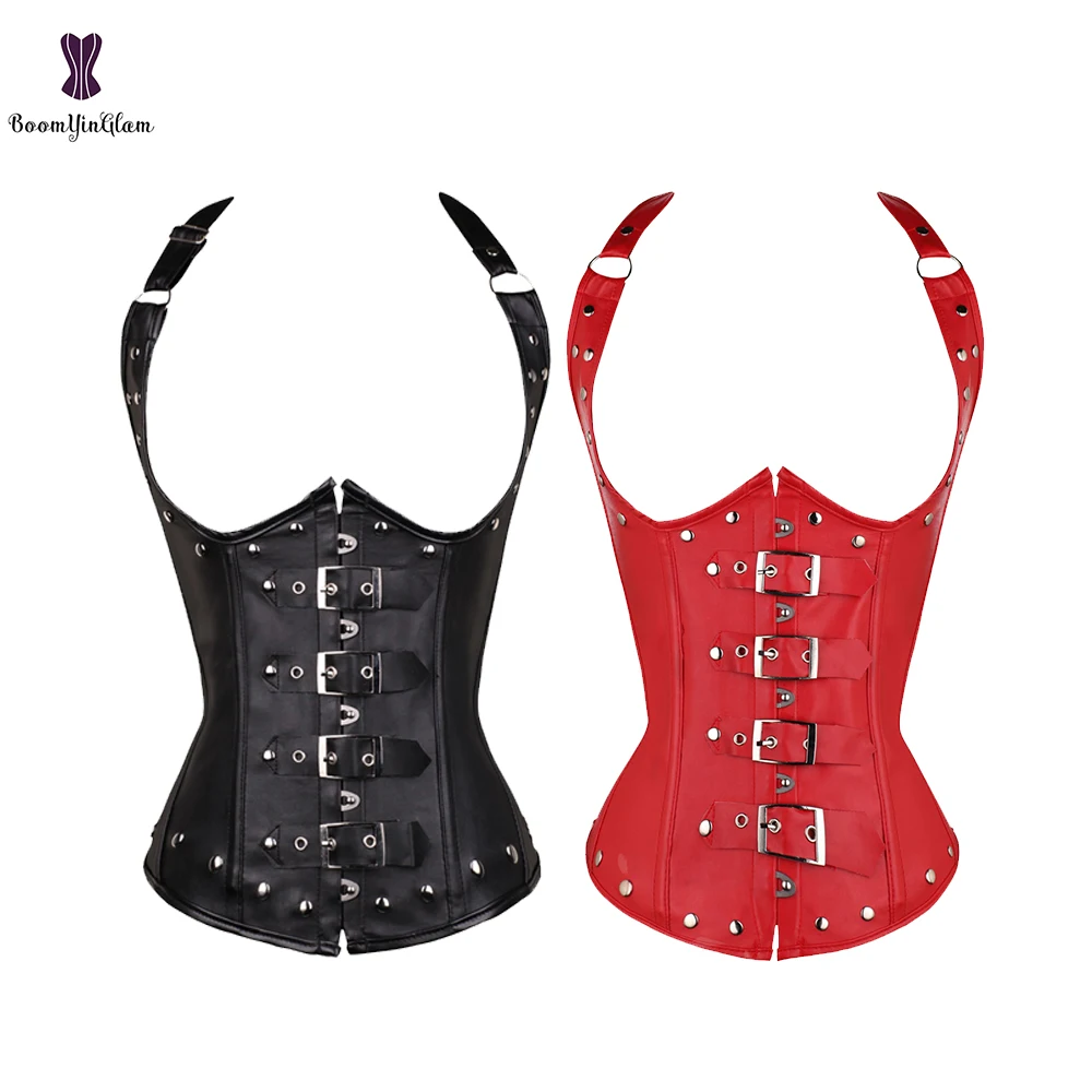 

Jacket Tank Corset Faux Leather Bustier Vest Gothic Gorset Front Buckle Rivet Korsett Black Red Plus Size Korse Outfit