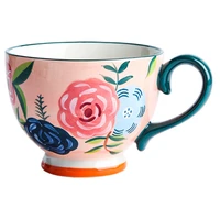 hand painted rose flower ceramic mug handle mug girl cute tea cup water cup breakfast milk coffee cup cool tazas gift for friend