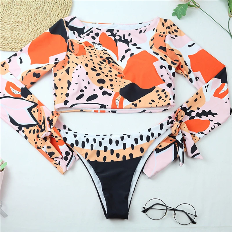 

2021 Surfing Swimsuit For Women Bikini Long Sleeve Swimwear Tiger Print Push Up Summer Bath Suit Two Piece Bandeau Biquini