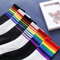 korean fashion casual womens cotton socks harajuku funny rainbow stripes cute pop unisex hosiery girls autumn warm wholesale
