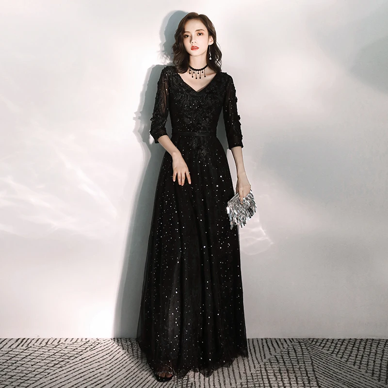 

Black Evening Dresses Long 2020 New Arrival V-neck Half Sleeves Sexy Lace up Long Party Gowns