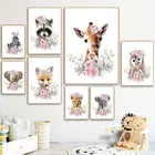 Картина для детской спальни с милыми мультяшными животными, современное искусство, принт и цветочным рисунком