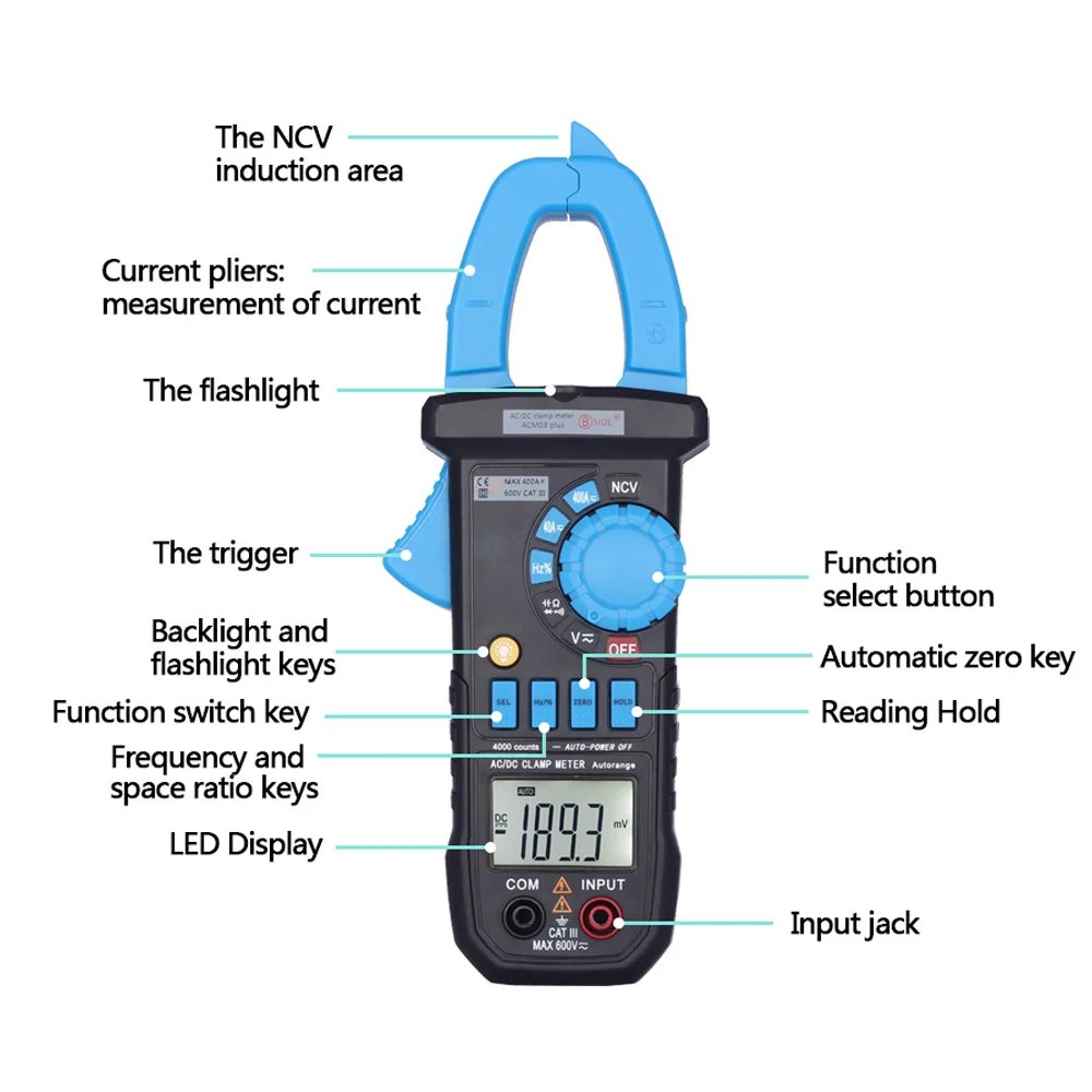 

BSIDE DC AC Digital Clamp Meter 400A Current Ammeter Multimeter Capacitance NCV Ohm Resistance Tester With LCD Display Meter