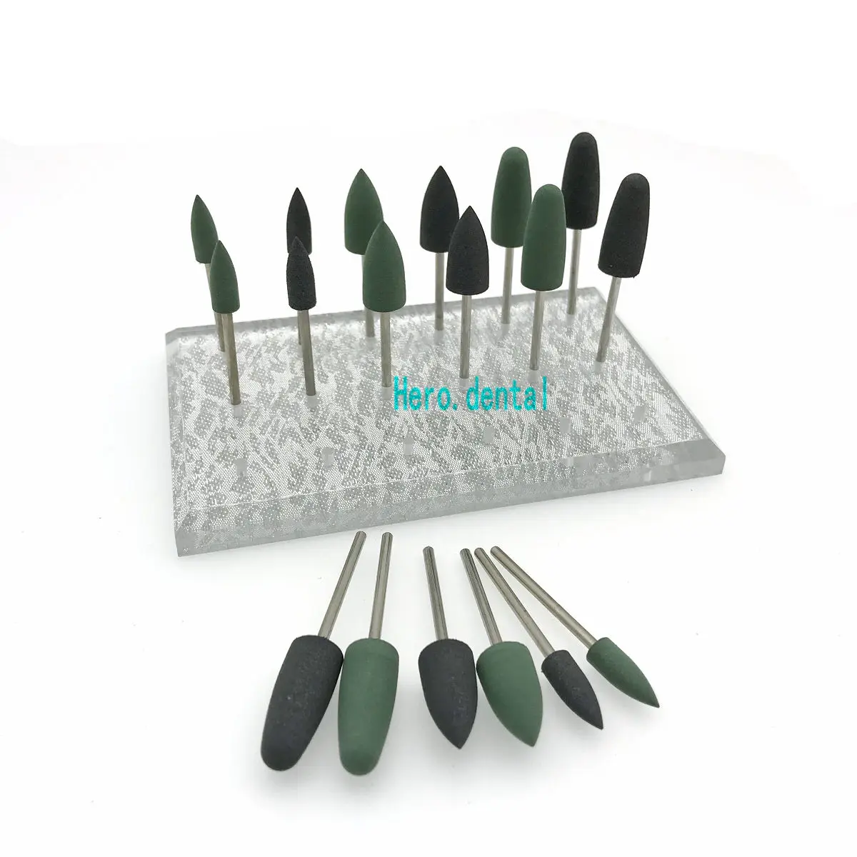 

18pcs 2.35mm Silicone Rubber Resin Base Hidden Denture Polishing Burs+1pc Acrylic18 Holes Drill Stand Holder