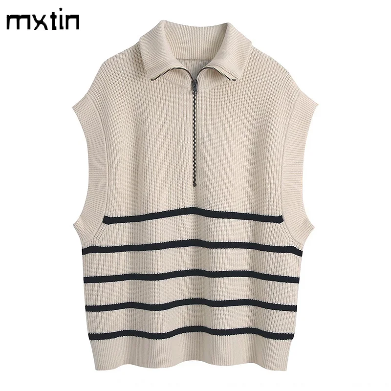 

Женский трикотажный свитер без рукавов, пуловер в полоску на молнии в уличном стиле, осень 2021