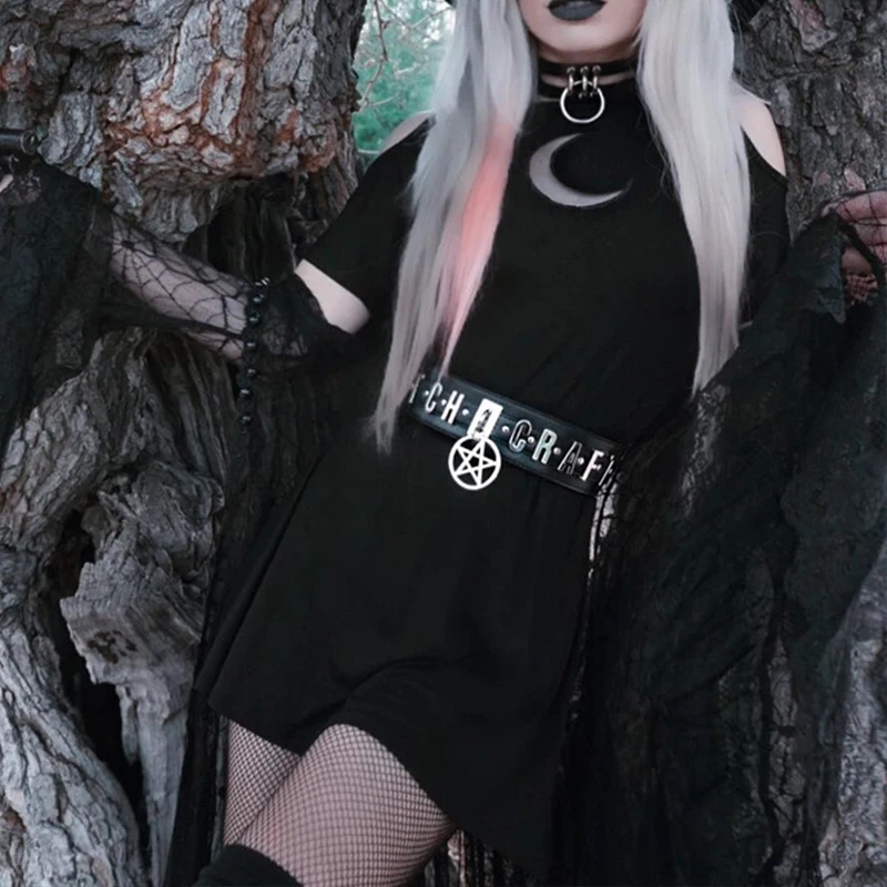 Black Goth Woman Cool Dress 2020 Lady Gothic Pleated Off Shoulder Transparent Crescent Hip-pop Punk Basic Rock Mini Hot Dresses | Женская