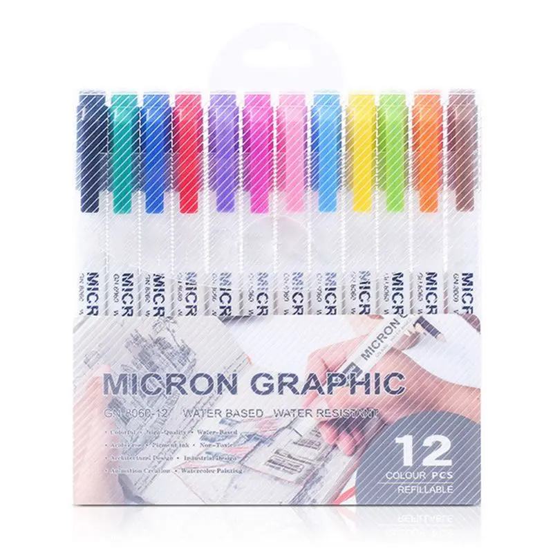 

12 Fluorescent Colors Hook Liner Needle Sketch Marker Waterproof Drawing Pens K3KB