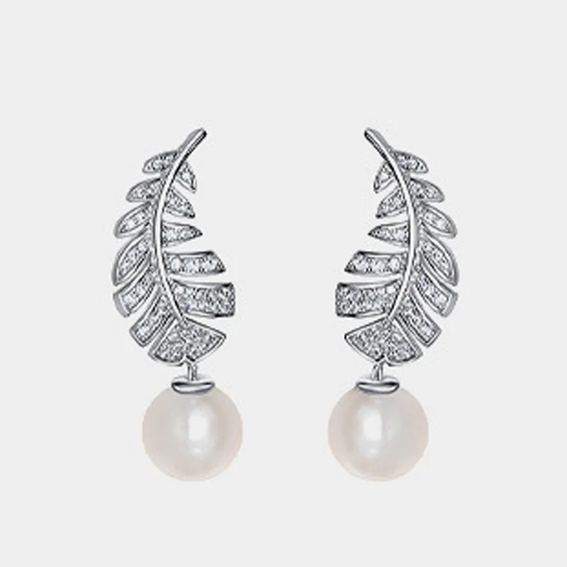 

COSYA 100% 925 Sterling Silver Natural Pearl 8*8mm High Carbon Diamond Feather Luxury Engagement Earrings Lady Fine Jewelry Gift