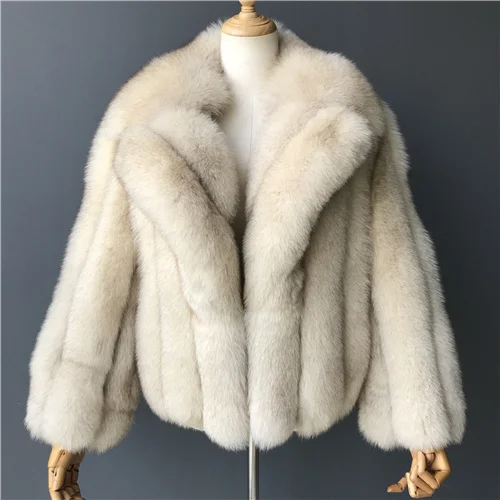 Beige Пальто из натурального Лисьего меха, короткая куртка из натуральной кожи, отложной воротник, зимнее плотное меховое Женское пальто из натурального Лисьего меха - Цвет: Beige