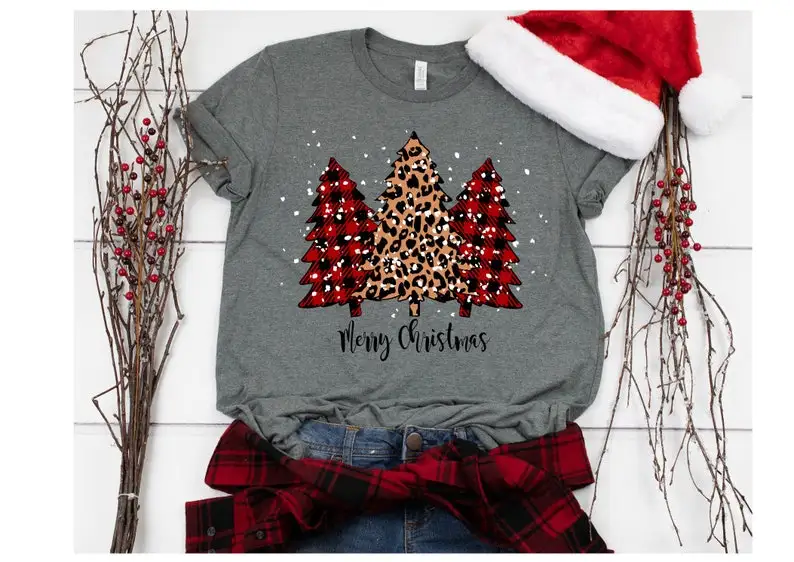 

Christmas Sublimation Design Printing Buffalo Plaid Christmas Clipart Casual 100%Cotton Round Neck Female Shirt Short Sleeve Top