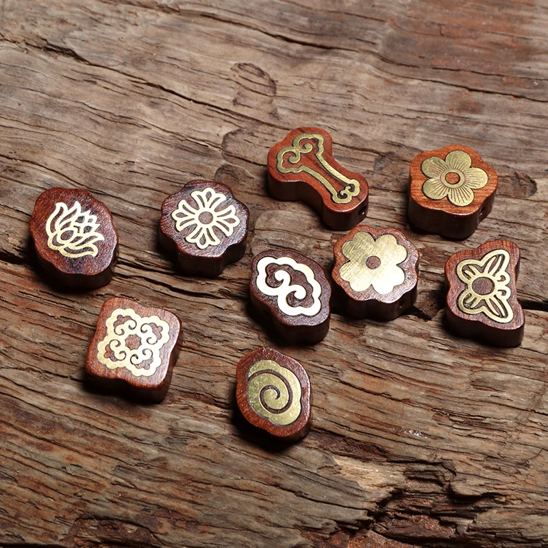 MZ201 Непальские инкрустированные медные бусины натуральные из розового дерева