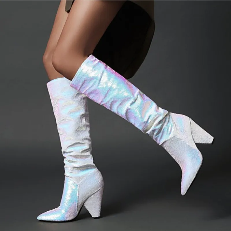 

Fanyuan 2021 Style Sexy High Heels Ladies Dress Party Shoes Pointed toe Autumn Winter Pleated Knee High Boots Women Size 34-48