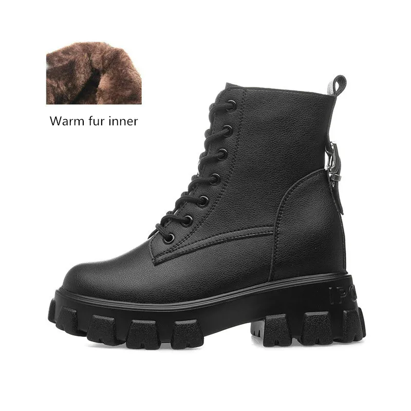 Black-fur inner Женские ботинки из воловьей кожи наивысшего качества зимние ботинки, увеличивающие рост зимние ботинки теплая удобная женская обувь на меху - Цвет: Black-fur inner