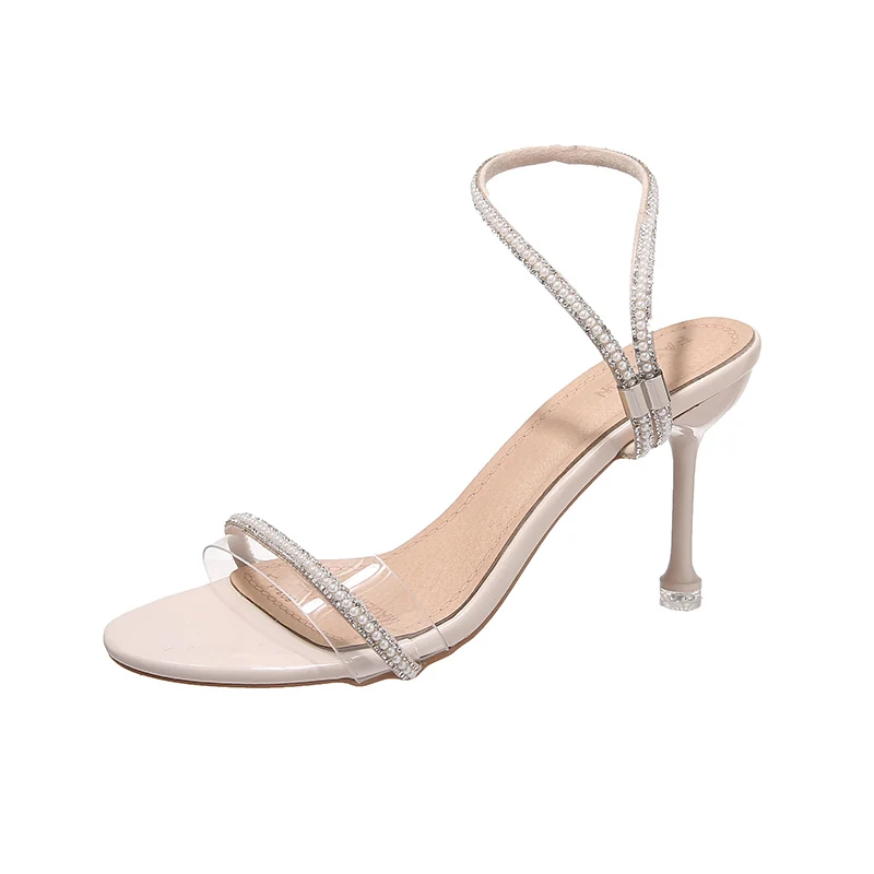 

Rhinestone Sandals Comfort Shoes for Women High Heels 2021 Summer Suit Female Beige All-Match Sexy Stiletto Elastic Band High-h