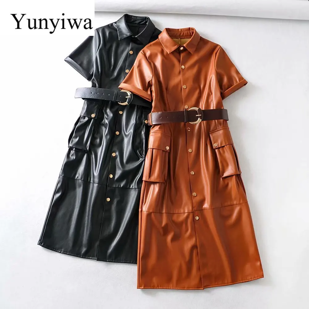Новинка 2020 женские платья из искусственной кожи с коротким рукавом и поясом