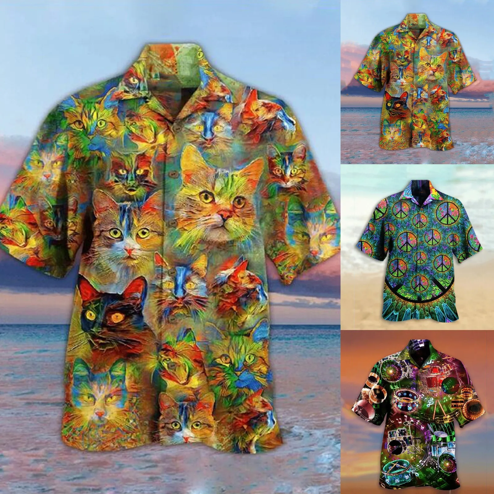 

animal Printed Short sleeved Summer shirts for men Loose Cardigan button up shirt plus size hawaiian style tops
