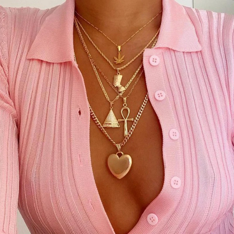 

Vintage Leaf Cross Heart Pyramid Ancient Egyptian Pharaoh Pendant Multilayer Gold Necklace Punk Lady Jewelry Women Necklace Set