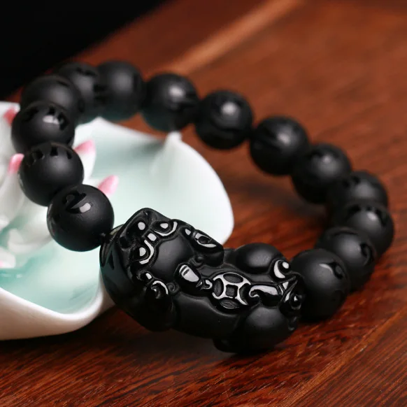 

Black Natural Obsidian Six Word Design Bracelet Round Beads Woman Men Pi Xiu Pendant 10mm 12mm 14mm 16mm 8mm AAAAAA