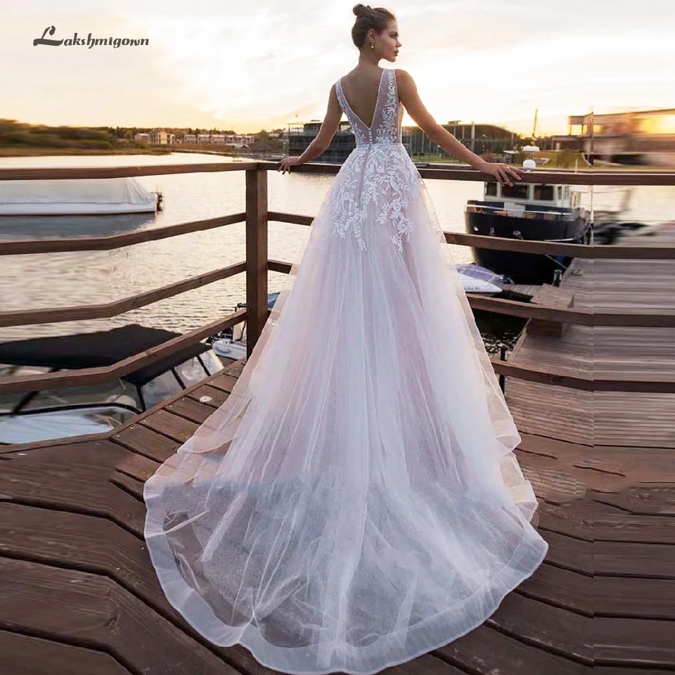 Женское свадебное платье в стиле бохо lakshmidress розовое фатиновое с v образным