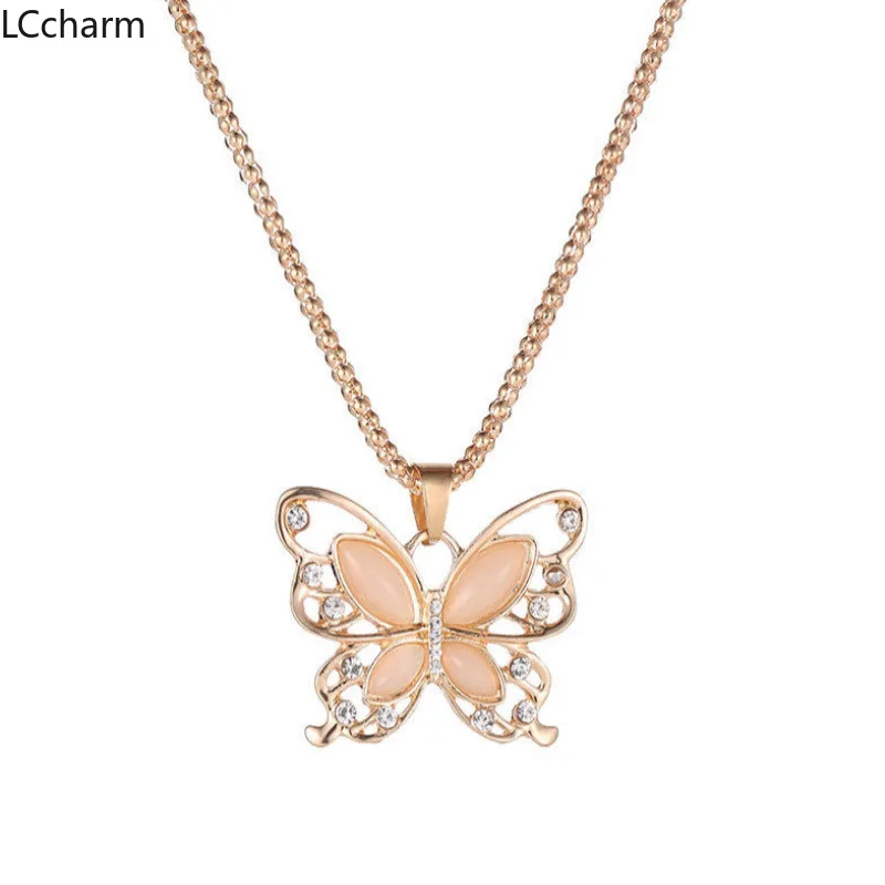 Женское ожерелье с подвеской бабочкой из розового золота длинная цепочка на