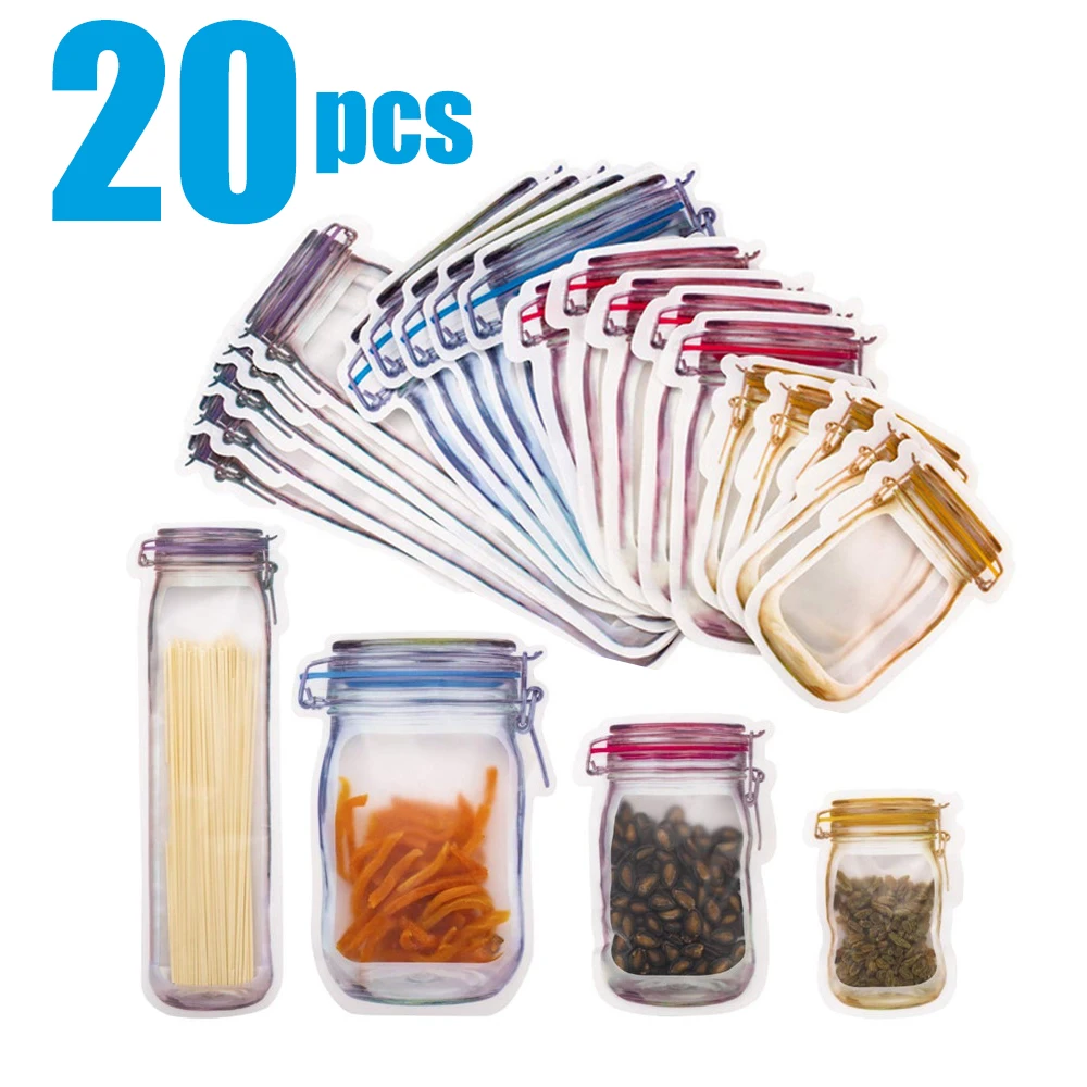 

Easy Reusable Mason Jar Bottles Bags Nuts Candy Cookies Bag Seal Fresh Food Storage Bag Snacks Zipper Sealed Kitchen Organizer