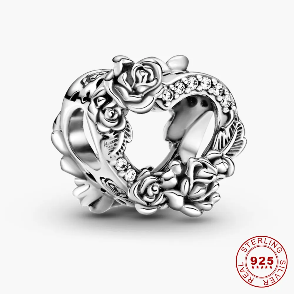

925 Sterling Silver Charms Open Heart & Rose Flowers Charm fit for Original Snake Chain Bracelet & Bangle Vintage Jewelry Making