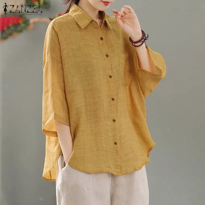 

Casual Long Sleeve Blusas Loose Vintage Button Tunic Tops Chemise Tops Women Spring Blouse ZANZEA 2021 Kaftan Solid Shirt Blouse