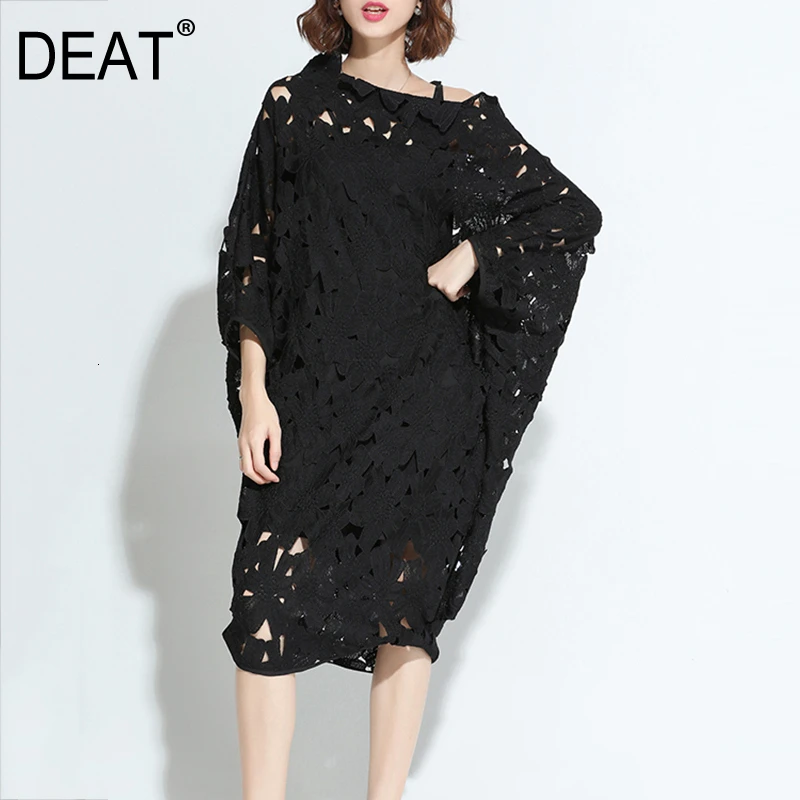 DEAT Осень зима 2020 кружевное платье с рукавами летучая мышь Свободный пуловер