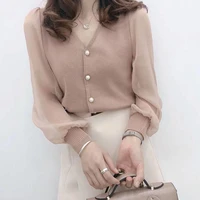 xej chiffon blouse korean fashion office clothes knitted tops women spring autumn 2021 women fashion long sleeve shirt sheer top