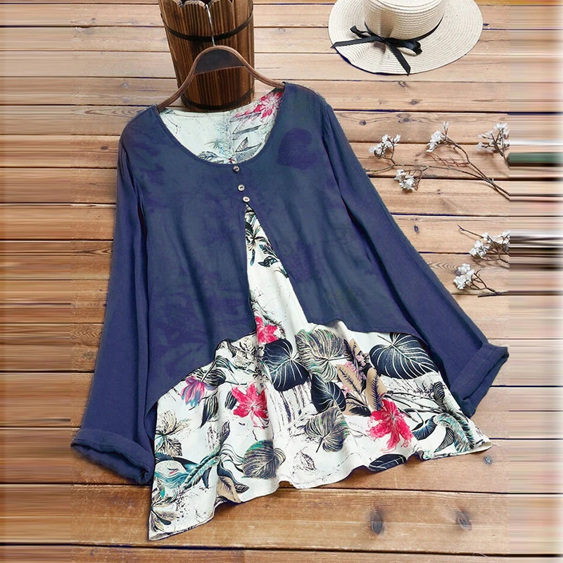 

Fall Winter Women Vintage Floral Print Blouse Casual O Neck Long Sleeve Button Top Elegant Fake Two-Piece Lady Blouses Plus Size