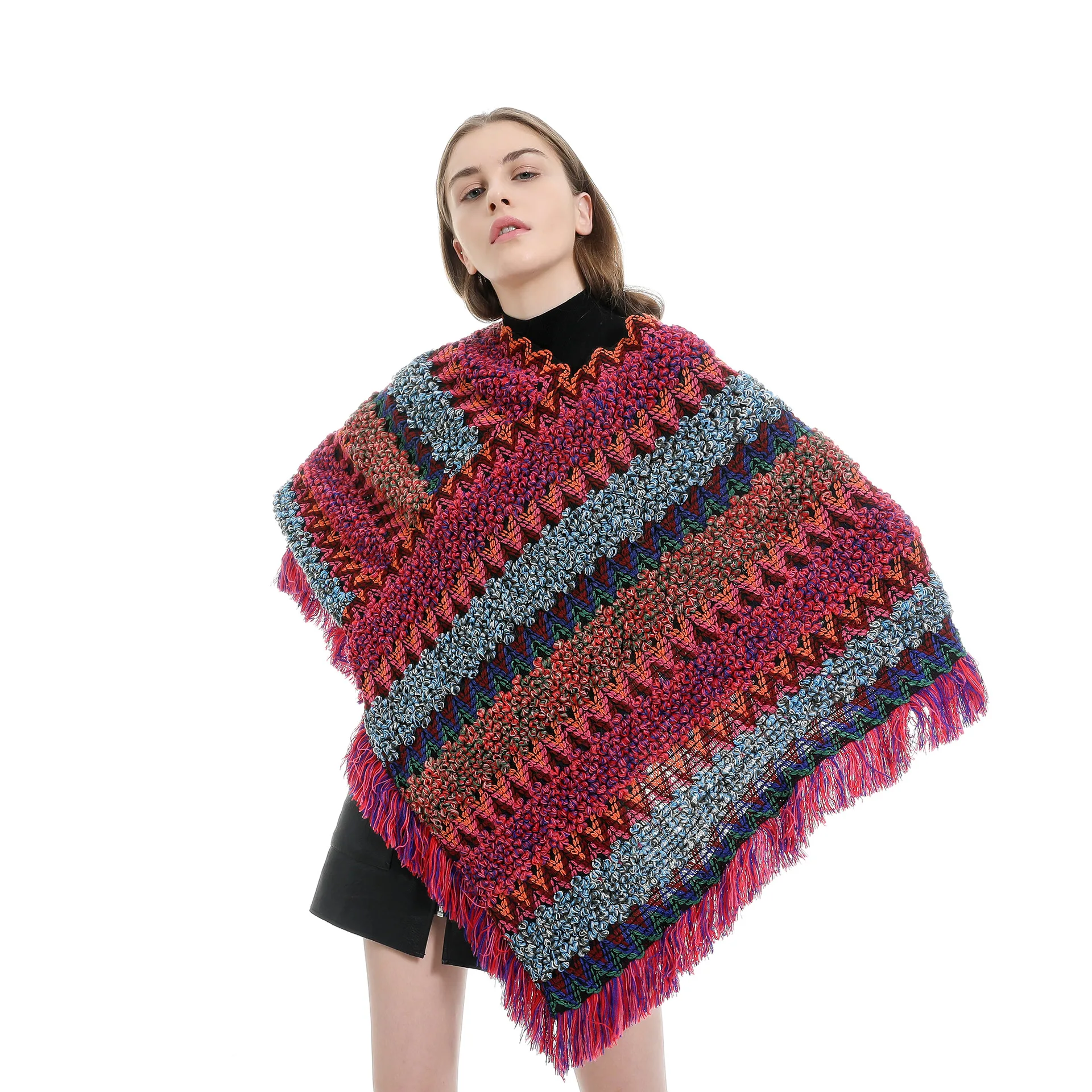 Женская накидка пончо с кисточками теплый кашемировый шарф в стиле бохо зима